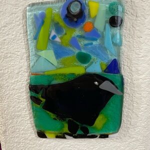 “Crow Wandering a “Fused Art Glass  Hanging Plaque 8”x5”Handmade Original